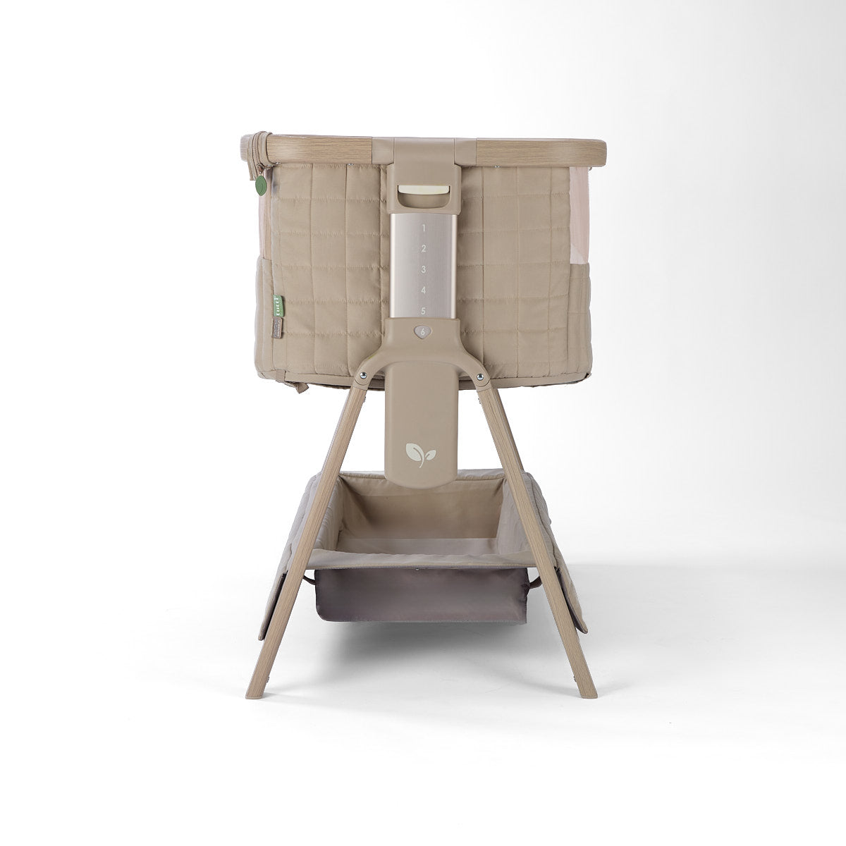 CoZee Sense beige baby crib with 6 height option, storage and white mattress on a white background