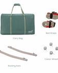 Included CoZee Sense Cocoa accessories featuring carry bag, bed straps, rocking bars and castor wheels for flexible bedside use.