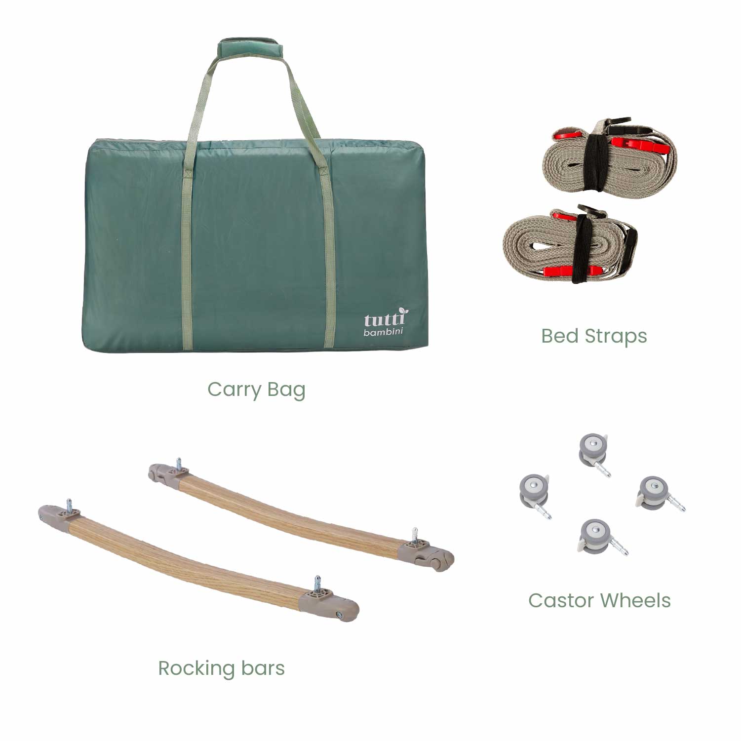 Included CoZee Sense Sand accessories featuring carry bag, bed straps, rocking bars and castor wheels for flexible bedside use.