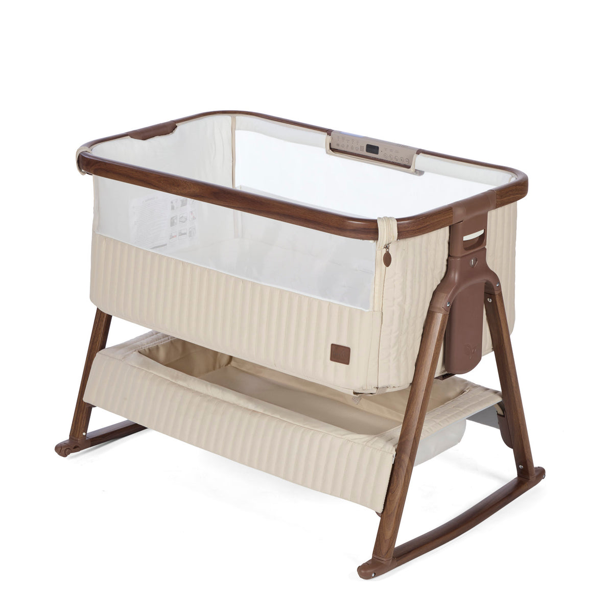 CoZee Sense in rich walnut and quilted cashmere crib with mesh and quilted lining sides, storage and sensory bar on a white background.