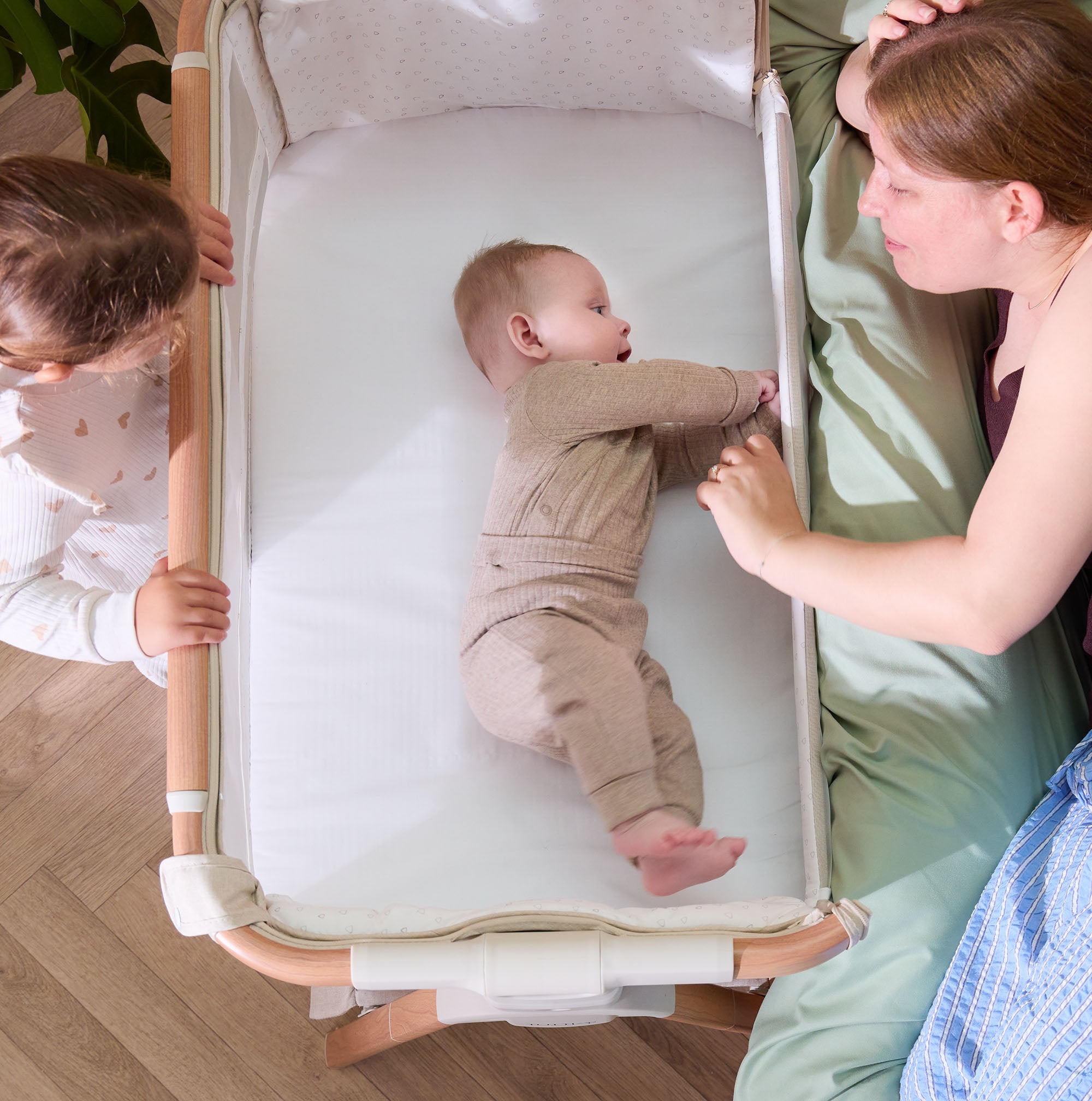 Overhead shot of the CoZee Scandi bedside crib with baby inside, showing spacious sleep surface and ease of co-sleeping setup