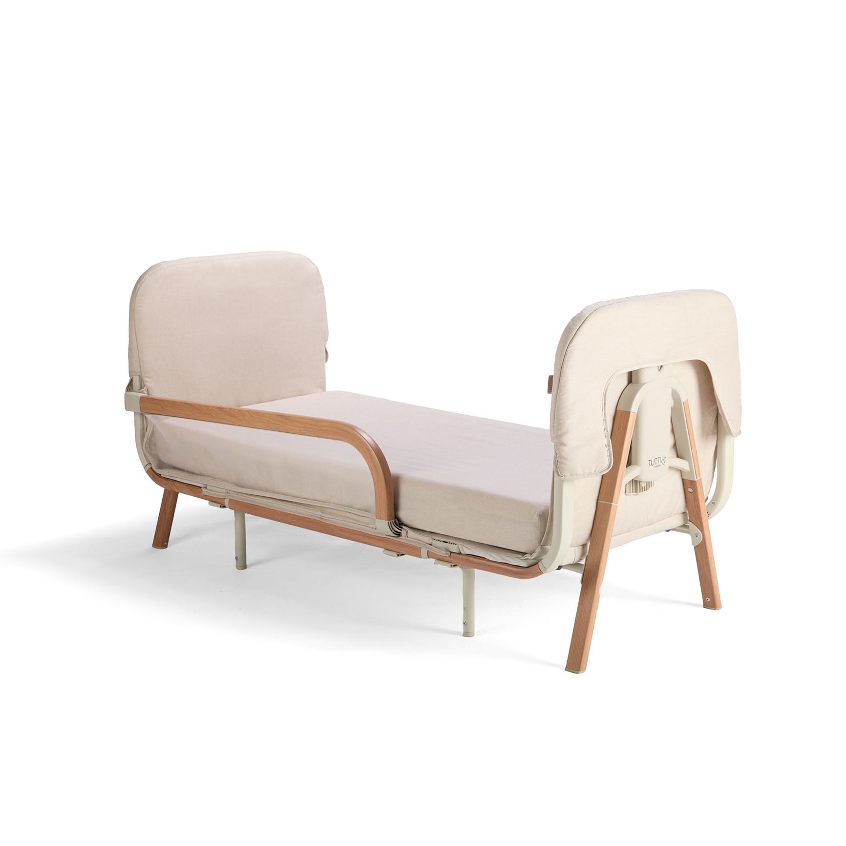 Angled cutout of the CoZee XL Scandi junior bed, featuring low-profile design with side rail for safe toddler transitions