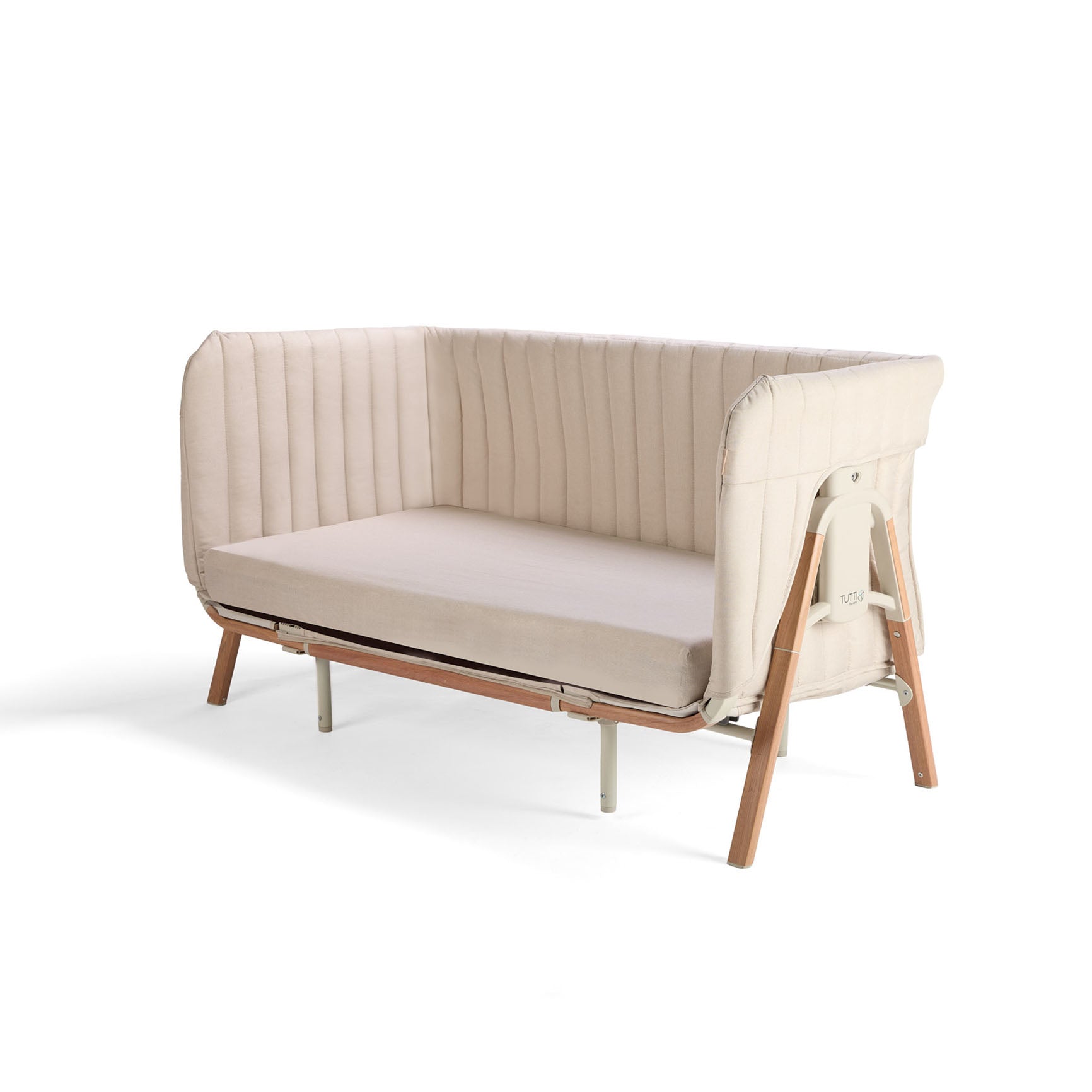 Cutout view of the CoZee XL in Scandi finish shown in sofa mode, with padded sides and cushioned seat for adaptable nursery use