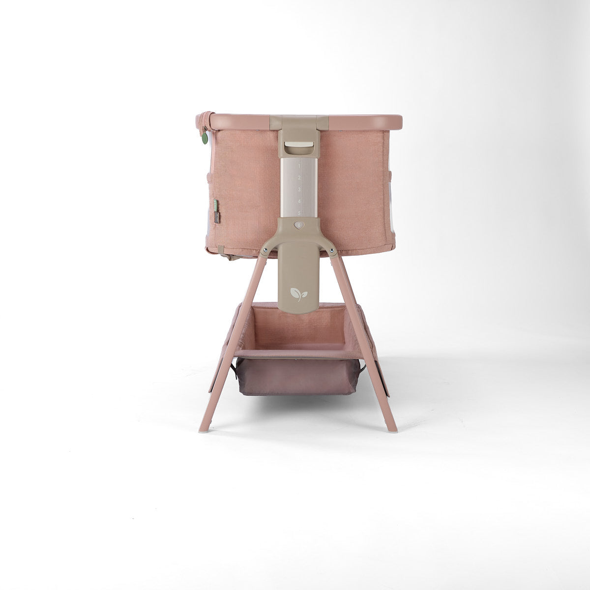 CoZee Zen pink baby crib with 6 height mode on a white background