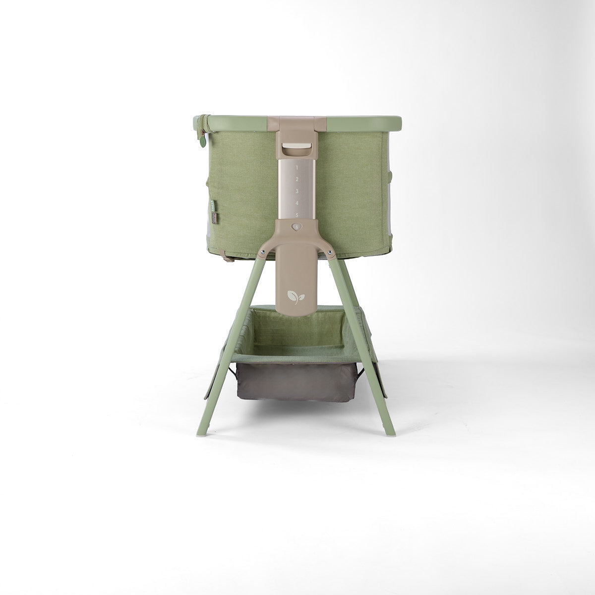 CoZee Zen green baby crib with 6 height option, storage and white mattress on a white background
