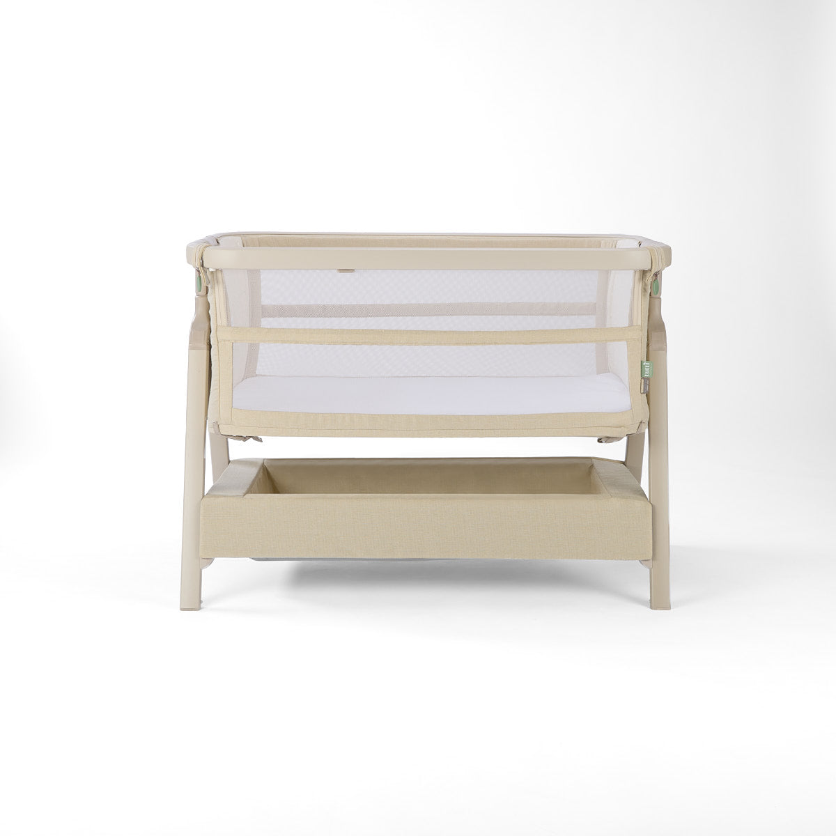 CoZee Zen sand crib with white mattress on a white background