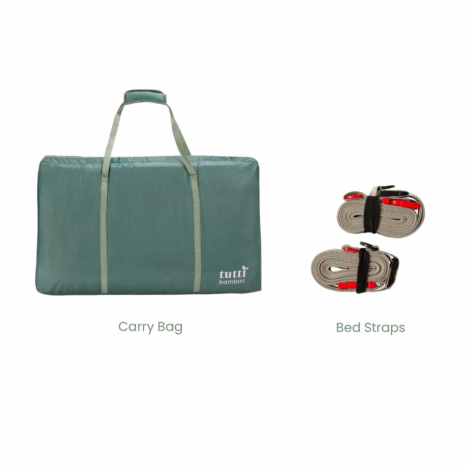 Cutout image of CoZee Zen bedside crib accessories including carry bag and secure bed straps for travel and bedside use.