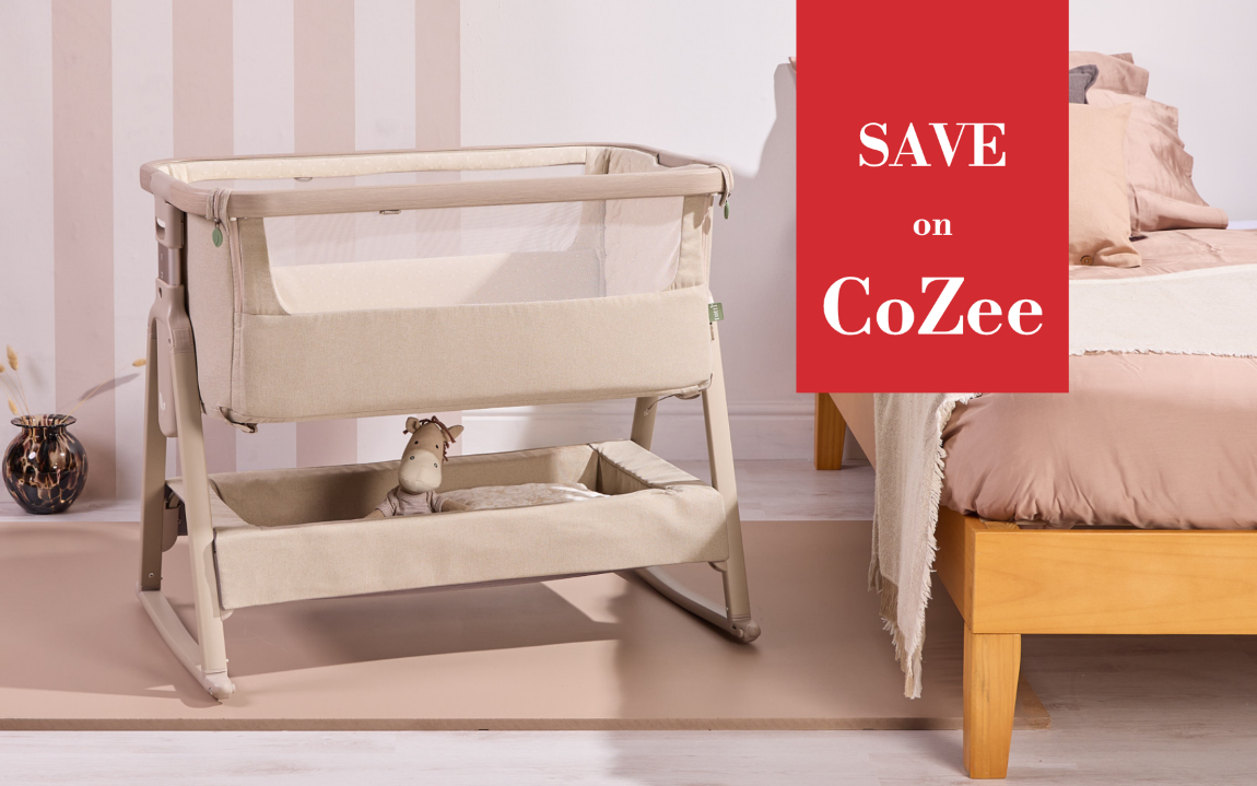 A CoZee bedside crib in beige fabric shown in a styled nursery setting next to a wooden bed. A red promotional overlay on the right reads 'SAVE on CoZee'.