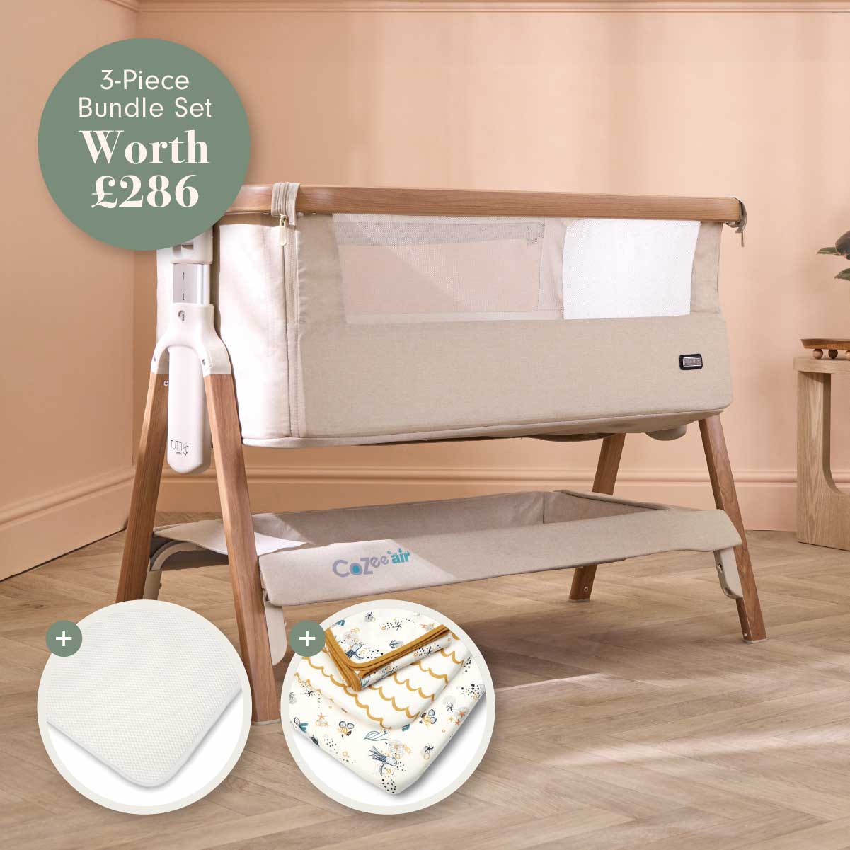 CoZee Air Bedside Crib &amp; Bedding Bundle - Our Planet