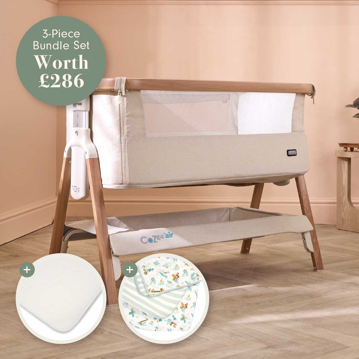 CoZee Air Bedside Crib &amp; Bedding Bundle - Run Wild