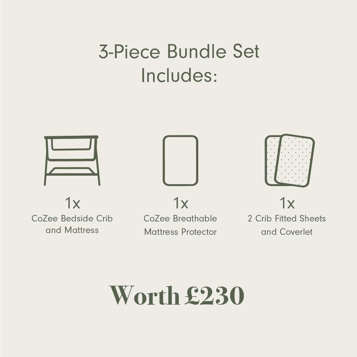 3-piece bundle set for a crib with CoZee branding on a light grey background.