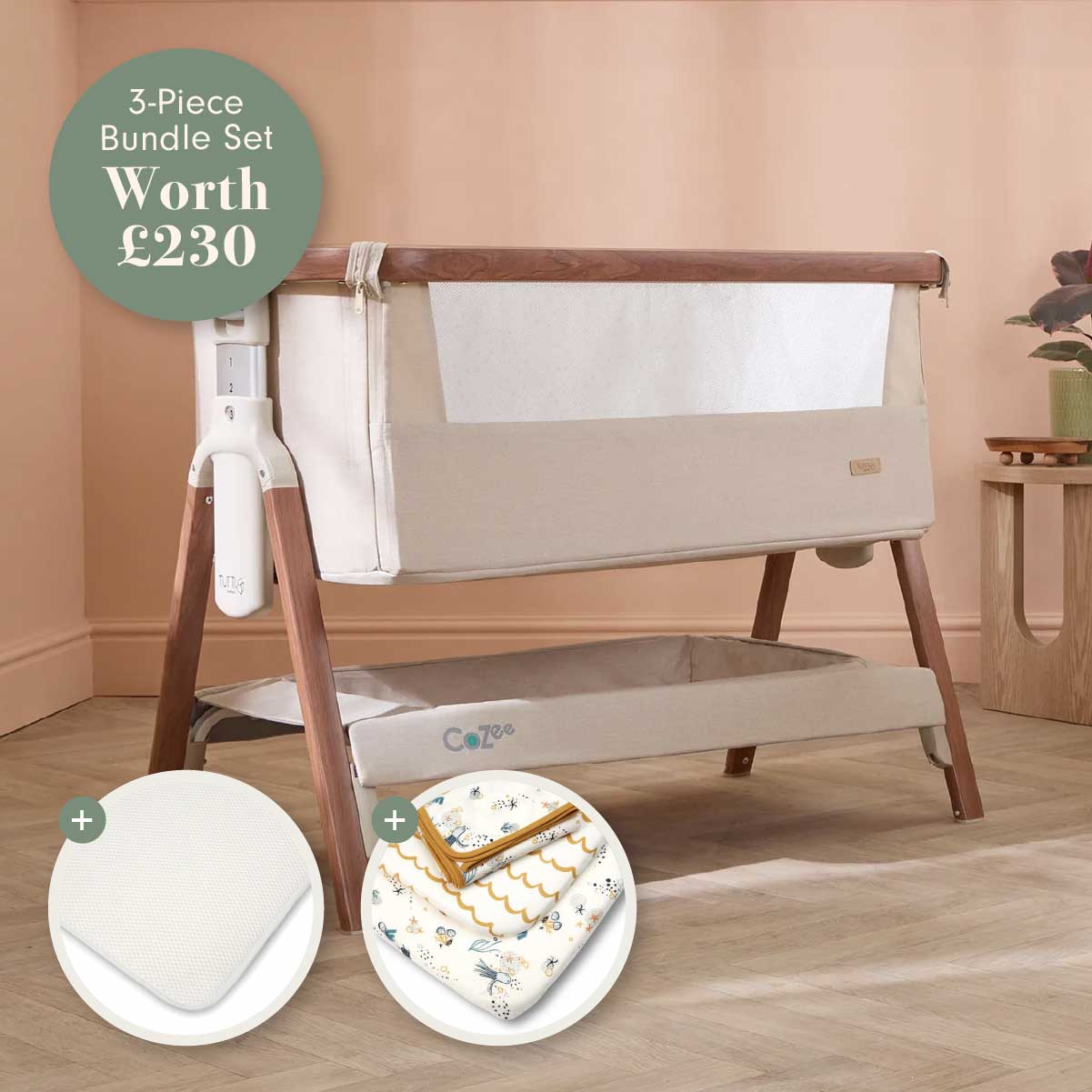 Baby crib with 3-piece bundle set worth £230 on a wooden floor.