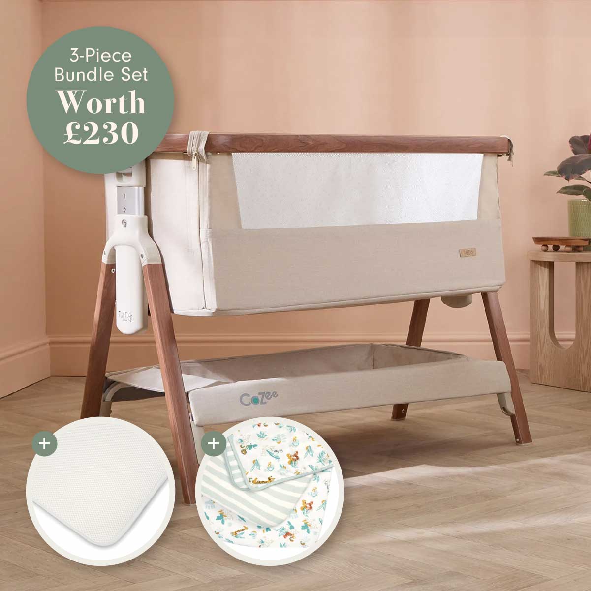 Baby crib with 3-piece bundle set worth £230 on a wooden floor.