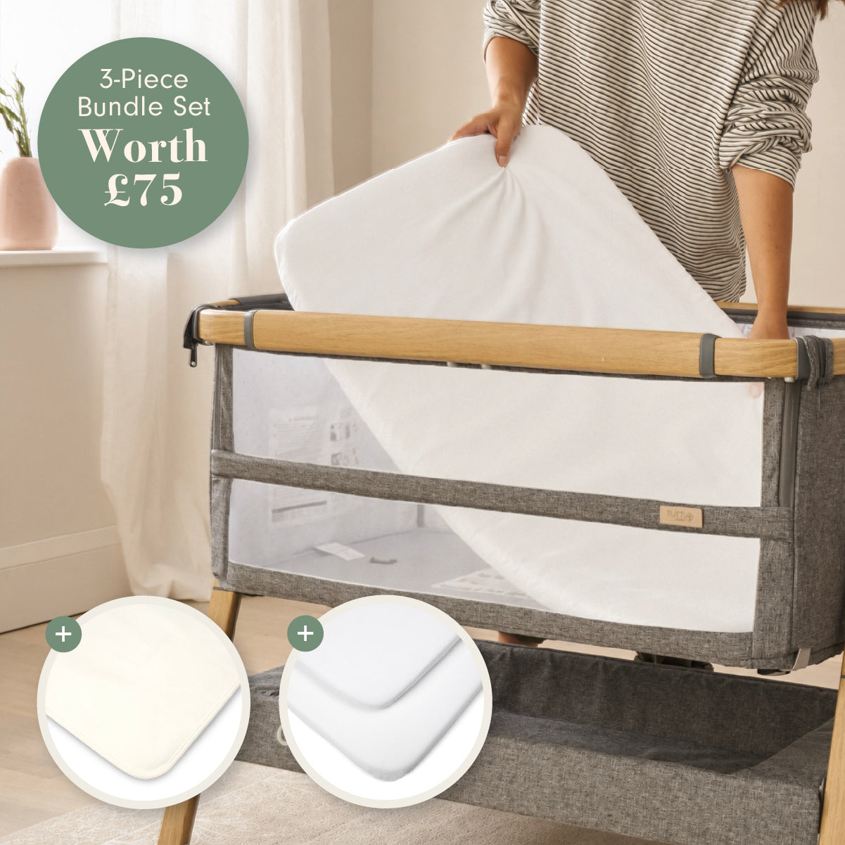 A 3-piece bundle set for a baby crib, shown in a lifestyle setting with a person adjusting the white mattress inside a grey and wood crib. Two circular inset graphics at the bottom show included bedding: a mattress protector and a white fitted sheet.