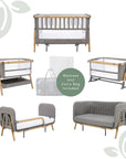 Full CoZee XL bundle in oak and charcoal complete with crib, cot, bassinet, junior bed, sofa, mattress, and carry bag included
