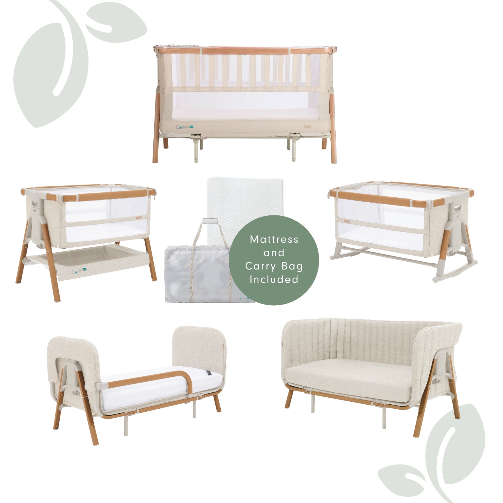 Complete CoZee XL bundle in ecru finish with crib, cot, bassinet, junior bed, sofa, mattress, and carry bag included