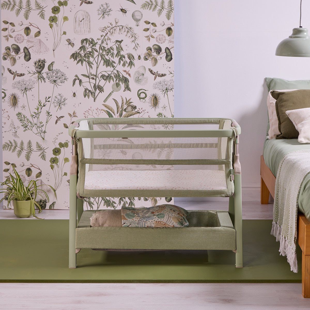 Front view of the CoZee Zen bedside crib in eucalyptus, showing mesh sides, storage shelf, and compact footprint in a styled bedroom.