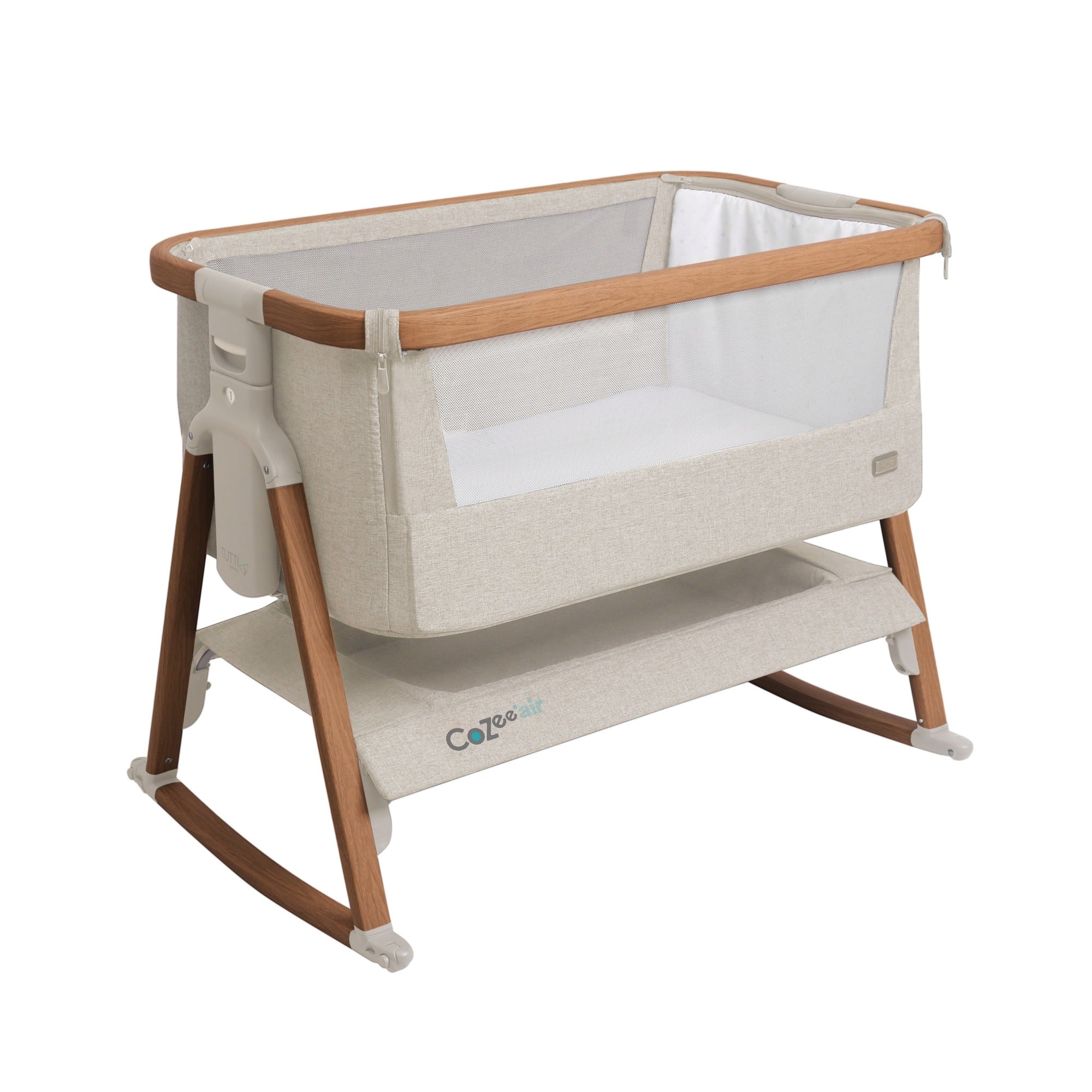 CoZee Air Bedside Crib – Scandinavian Walnut & Ecru – Dual mesh panels for enhanced breathability and visibility