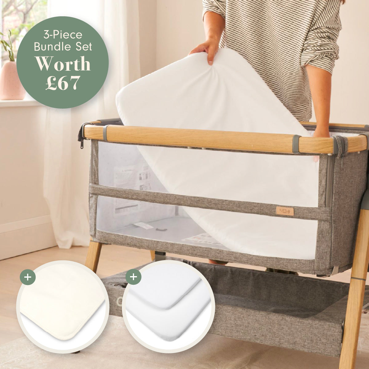 3-piece bundle set with a baby crib mattress and bedding in a home setting.