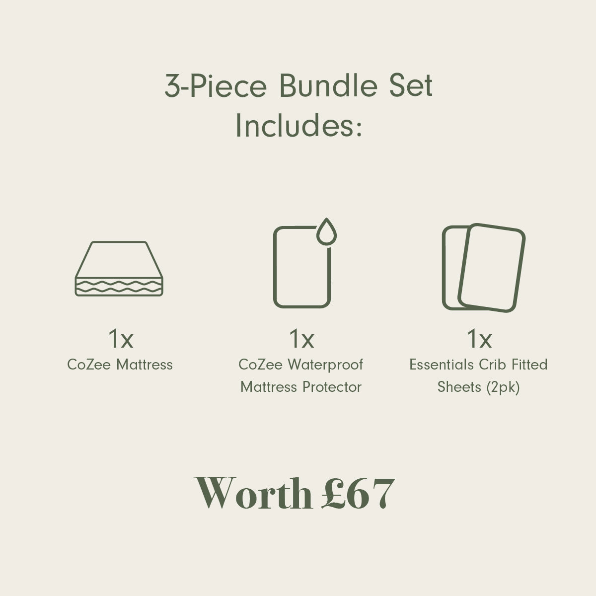 3-piece bundle set with CoZee Mattress, Waterproof Mattress Protector, and Essentials Crib Fitted Sheets on a beige background.