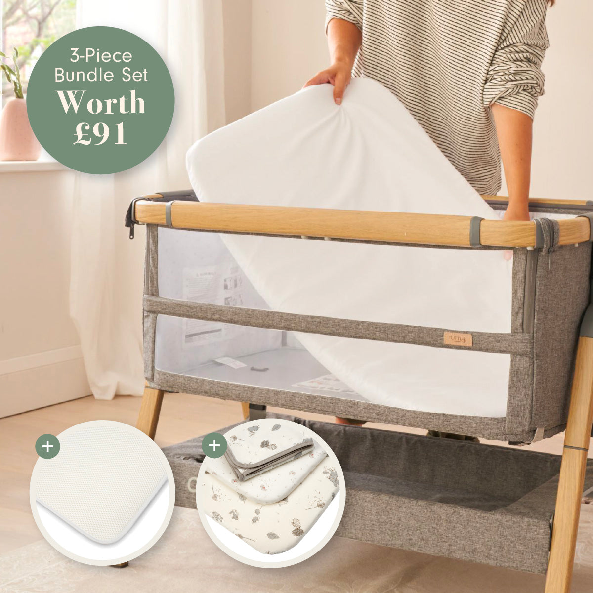 3-piece bundle set with a baby crib mattress and bedding in a home setting.