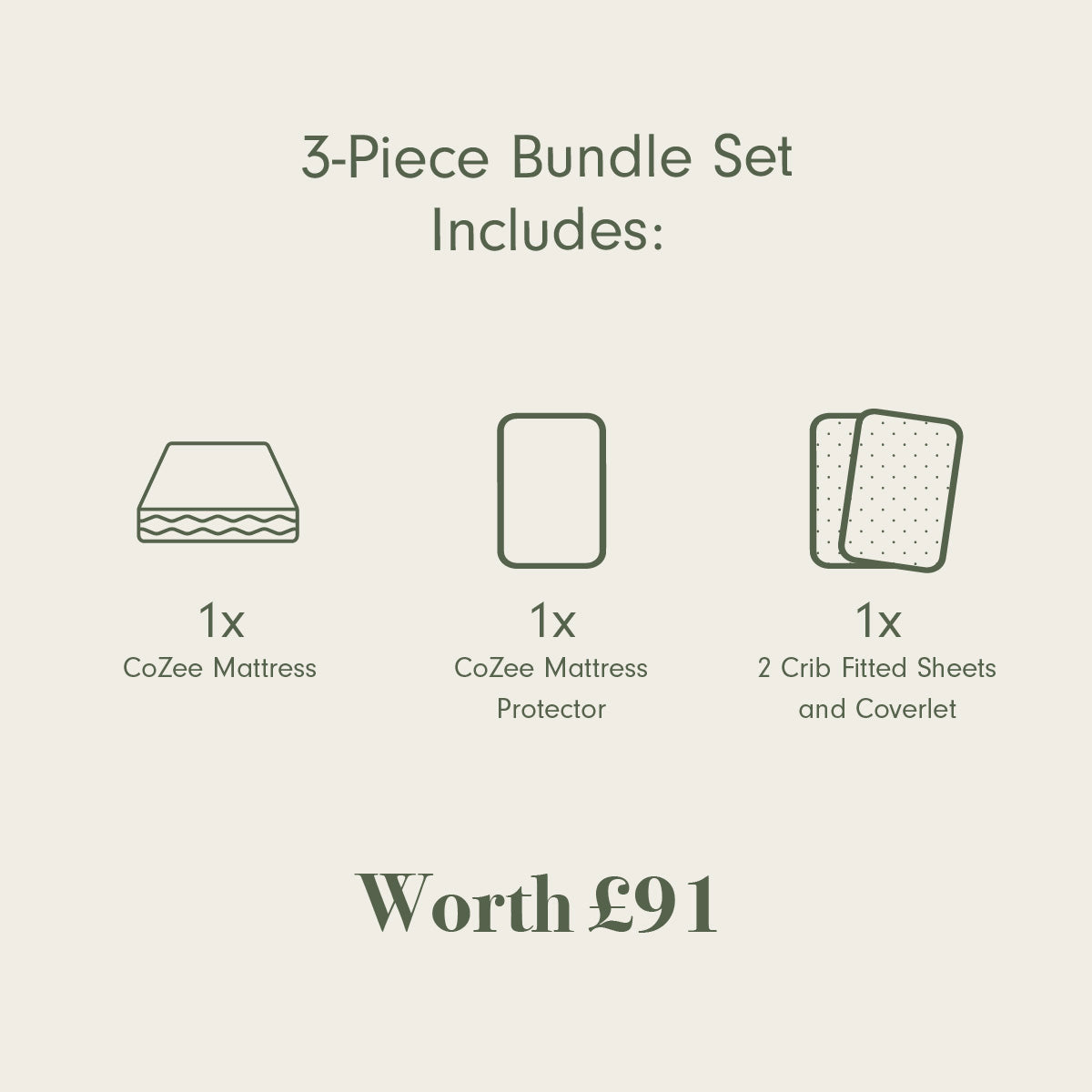 3-piece bundle set with CoZee Mattress, Protector, and Crib Fitted Sheets on a beige background.
