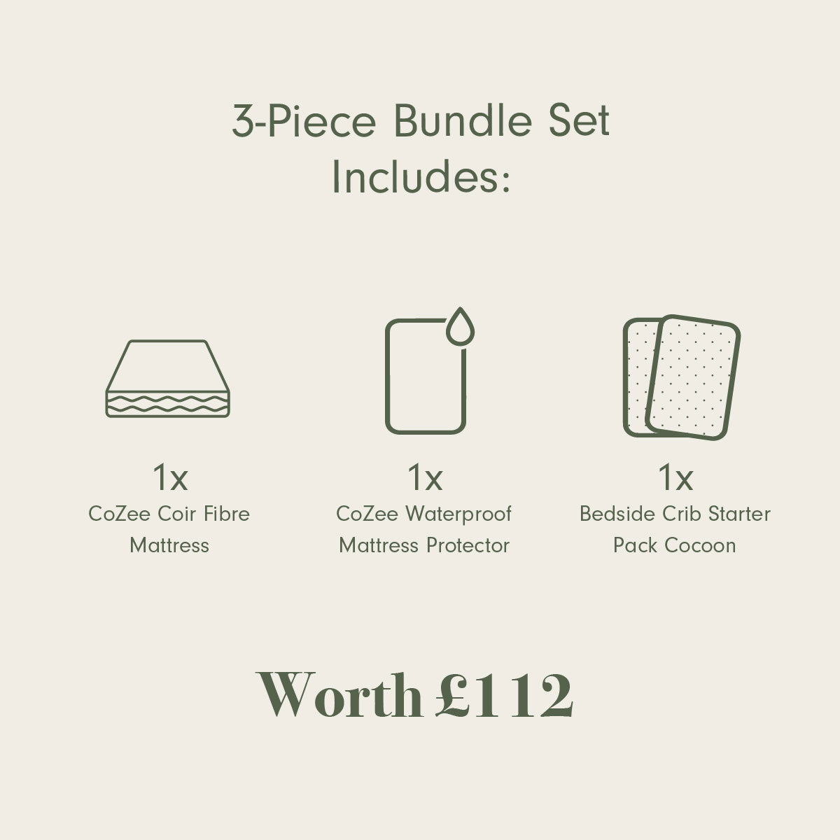 3-piece bundle set with CoZee Coir Fibre Mattress, Waterproof Mattress Protector, and Bedside Crib Starter Pack Cocoon on a beige background.