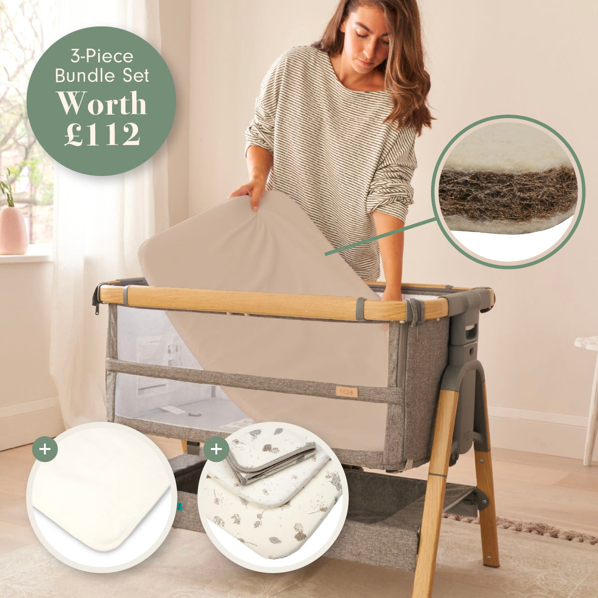 Woman setting up a baby crib with a 3-piece bundle set in a home setting.