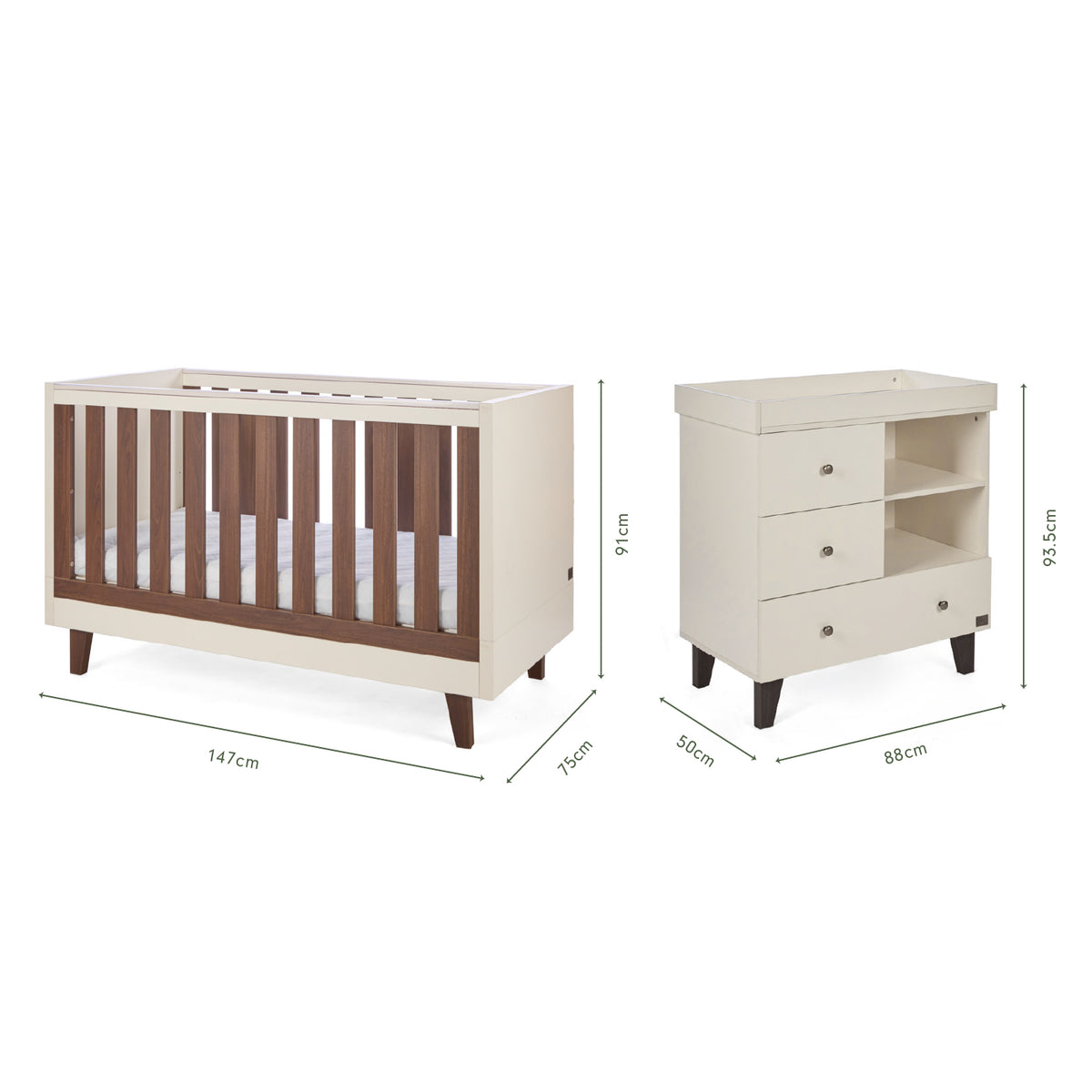 Dimensions of the Origin Como 2 Piece Nursery Furniture Set which includes a cot bed and chest changer.