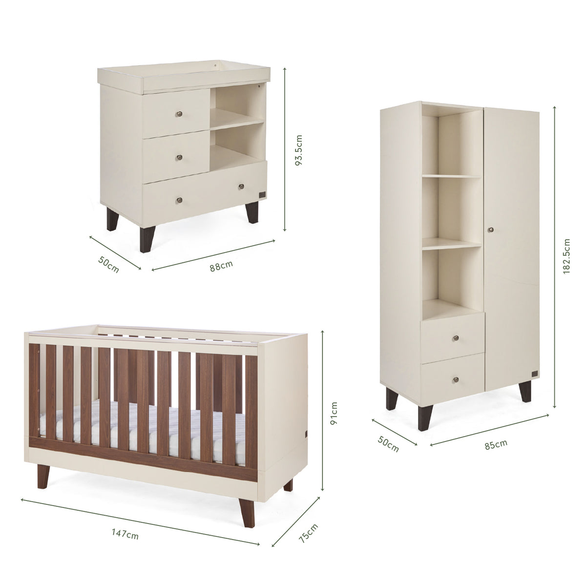 Dimensions of the Origin Como 3 Piece Nursery Furniture Set which includes a chest changer, cot bed and nursery wardrobe.