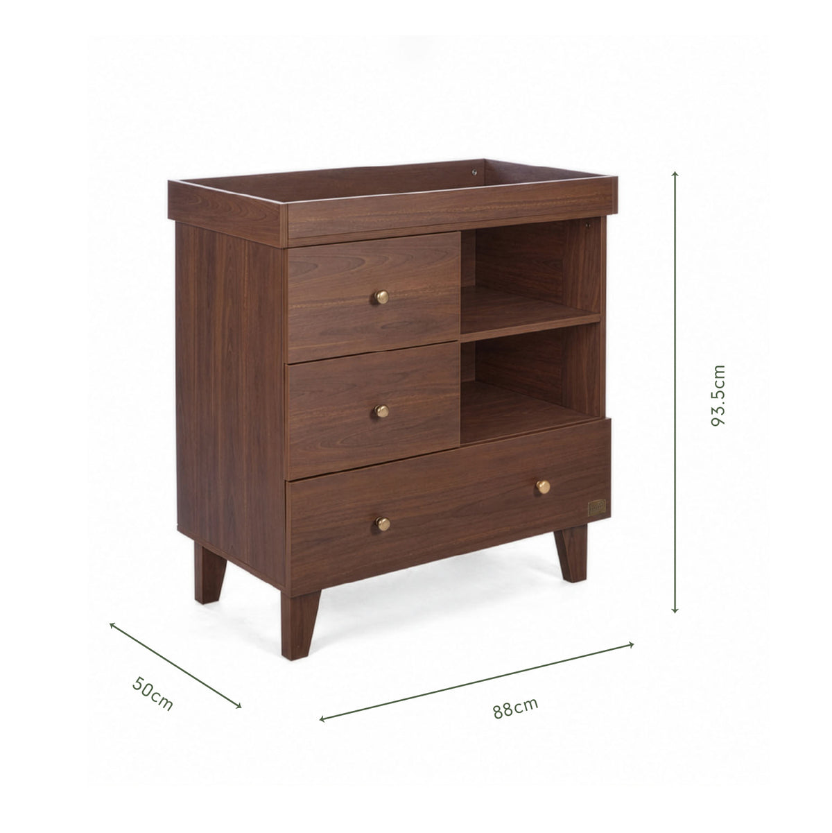 An infographic of a wooden chest changer with three drawers and two open shelves showing dimension markings of 88 cm length, 50 cm width, and 93.5 cm height, on a plain white background.