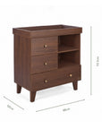 An infographic of a wooden chest changer with three drawers and two open shelves showing dimension markings of 88 cm length, 50 cm width, and 93.5 cm height, on a plain white background.