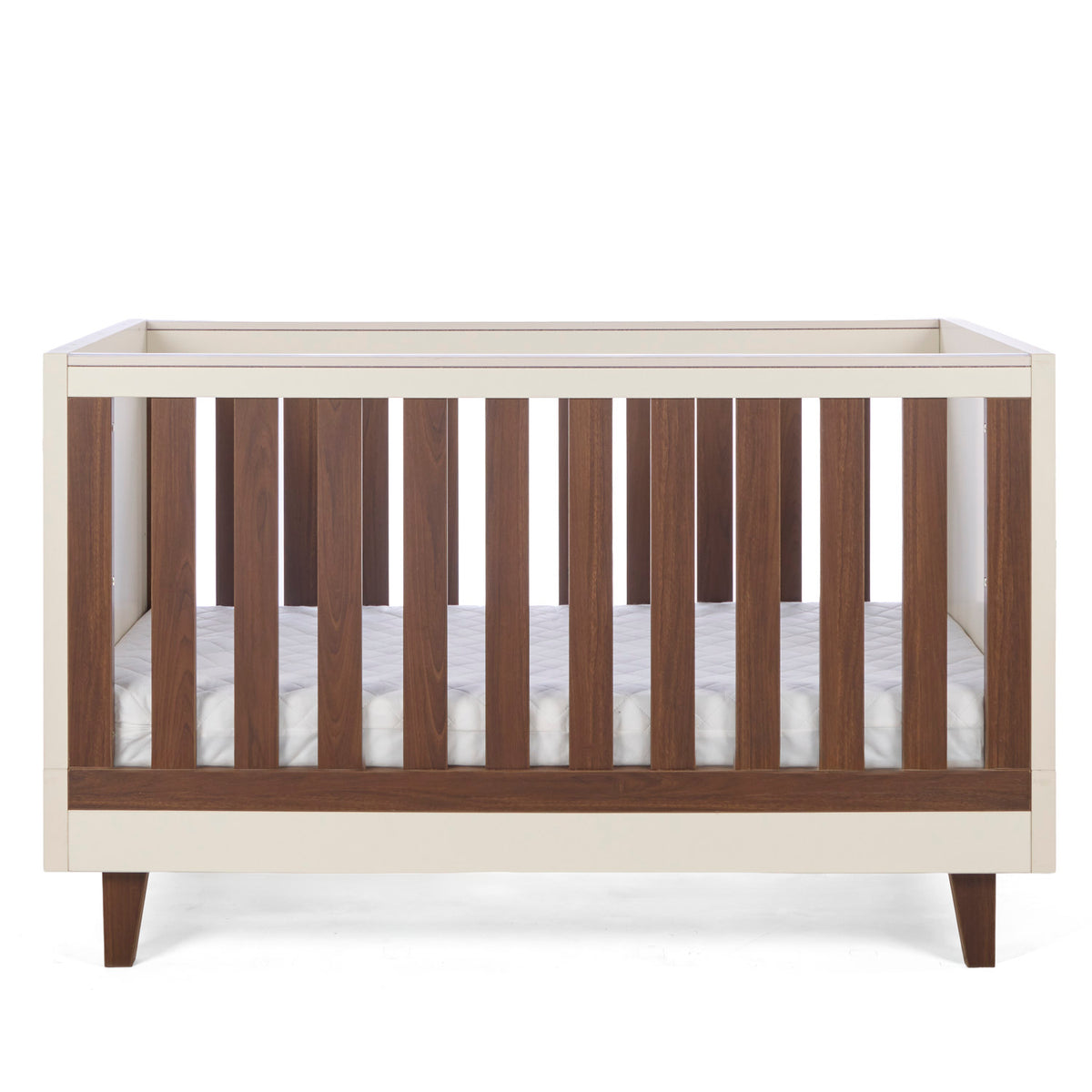 The Como cot bed in cashmere and rich walnut, featuring wooden slate slats in a sturdy, modern frame with a mattress.