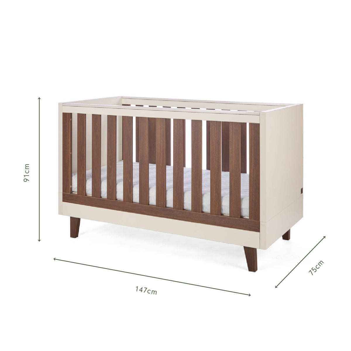 An infographic of a white cot bed with wooden panels showing dimension markings of 147 cm length, 75 cm width, and 91 cm height, on a plain white background.