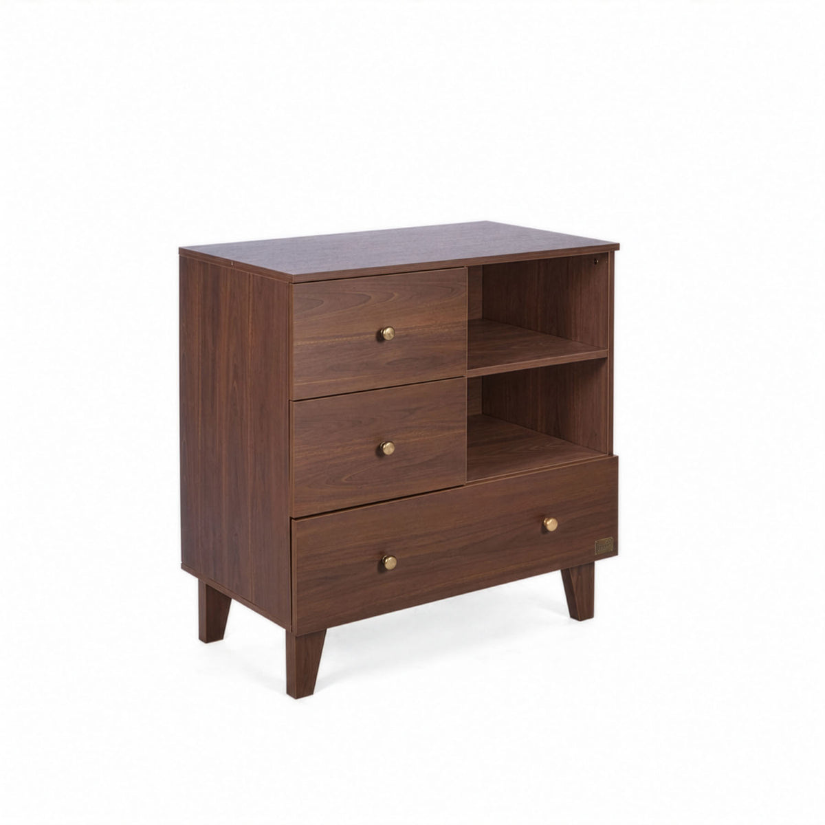 A side view of the Como chest changer in walnut with three drawers and open shelving for organised nursery storage.