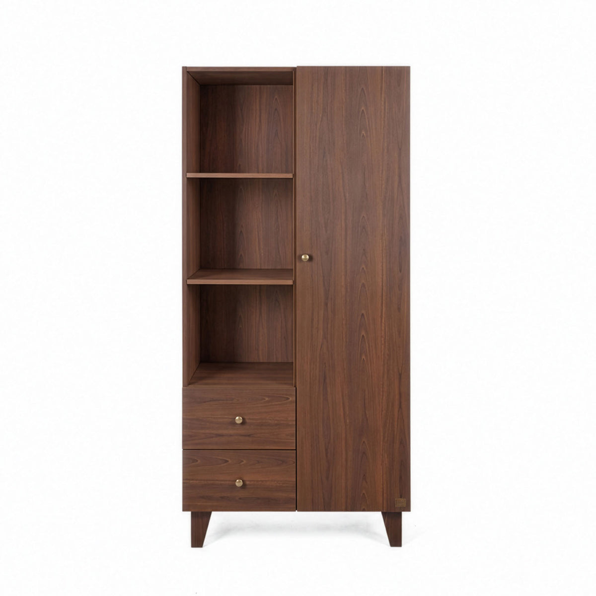 A tall wooden nursery wardrobe with a dark brown walnut finish, featuring three open shelves, with two drawers at the bottom with matching knobs, one closed door with the matching knob, and tapered legs, shown on a white background.