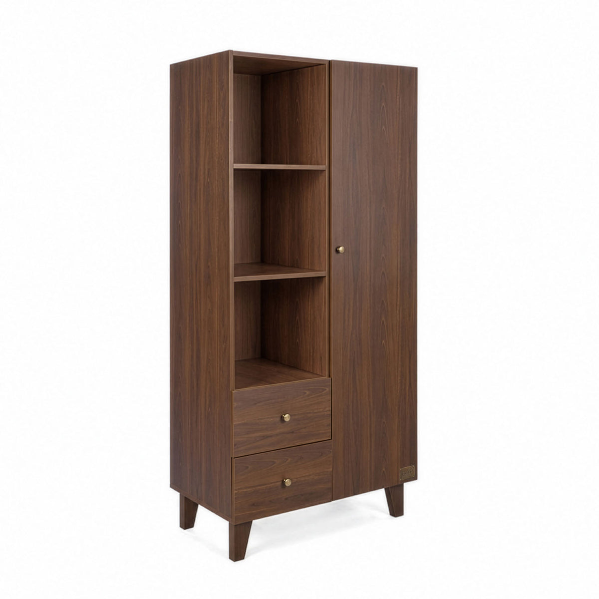 A tall wooden nursery wardrobe at a side angle, with a dark brown walnut finish, featuring three open shelves, one closed door with a small round knob, two drawers at the bottom with matching knobs, and tapered legs, shown on a white background.