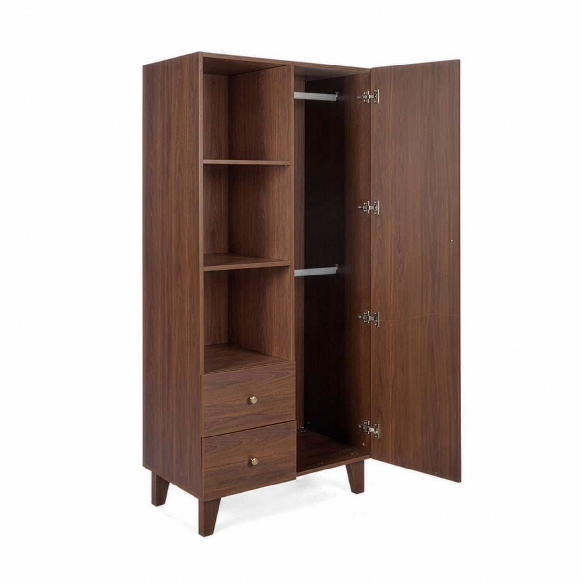 A modern wooden nursery wardrobe with a dark walnut finish. Featuring an open door on the right, with two metal hanging rails, three shelves on the left, and beneath two drawers with brass knobs shown on a white background.