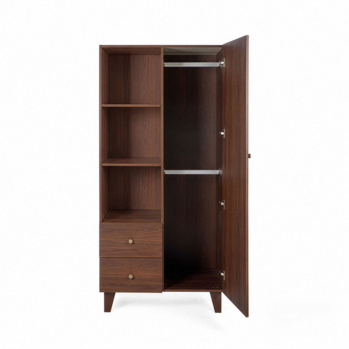 A tall wooden nursery wardrobe with a dark brown walnut finish, featuring three open shelves, with two drawers at the bottom with matching knobs. On the right the wardrobe door is open, featuring two hanging rails. It has tapered legs and is shown on a white background.