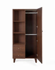 A tall wooden nursery wardrobe with a dark brown walnut finish, featuring three open shelves, with two drawers at the bottom with matching knobs. On the right the wardrobe door is open, featuring two hanging rails. It has tapered legs and is shown on a white background.
