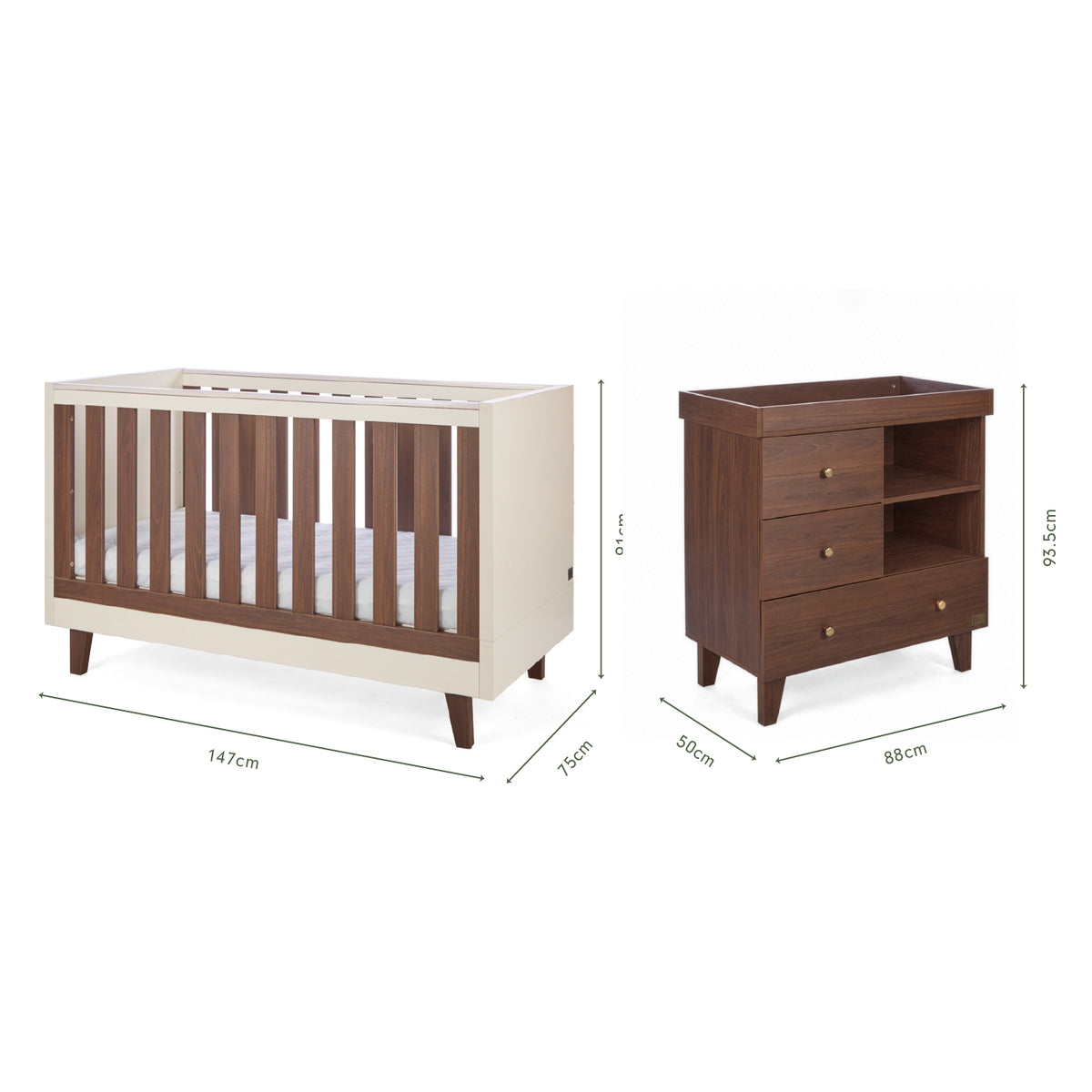 Dimensions of the Origin Como 2 Piece Nursery Furniture Set which includes a cot bed and chest changer.