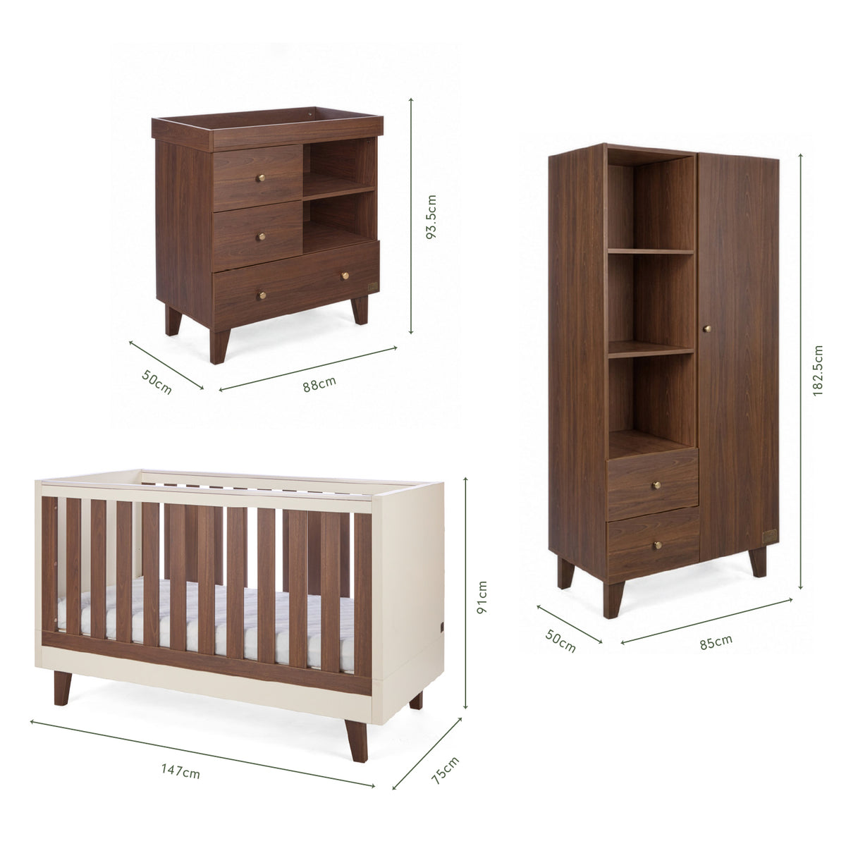 Dimensions of the Origin Como 3 Piece Nursery Furniture Set which includes a chest changer, cot bed and nursery wardrobe.