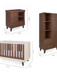 Dimensions of the Origin Como 3 Piece Nursery Furniture Set which includes a chest changer, cot bed and nursery wardrobe.