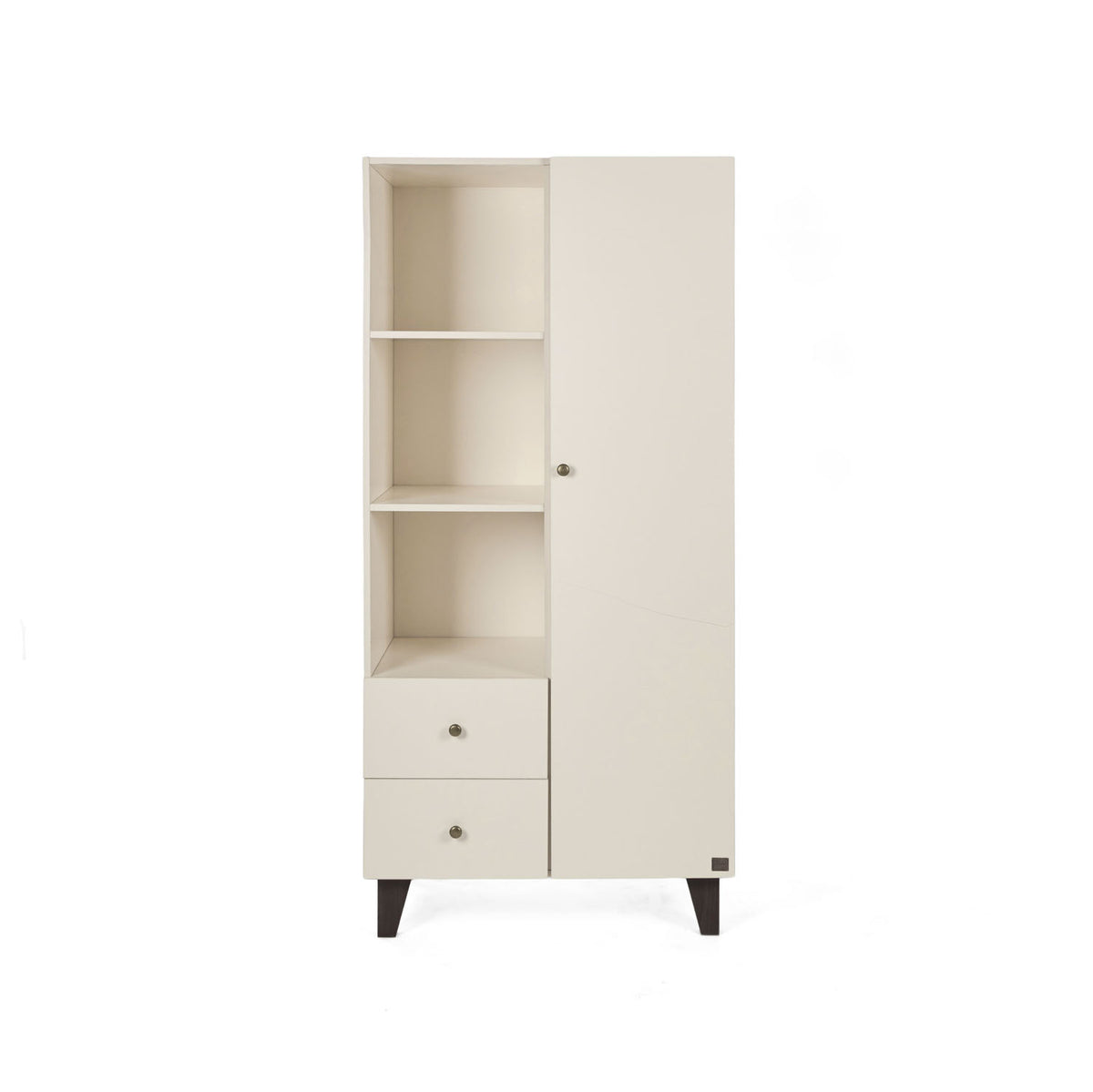 A tall cream-colored nursery wardrobe with a high-shelf design, two drawers underneath, and a single closed door with a small round knob. It stands on short, angled dark legs against a plain white background.
