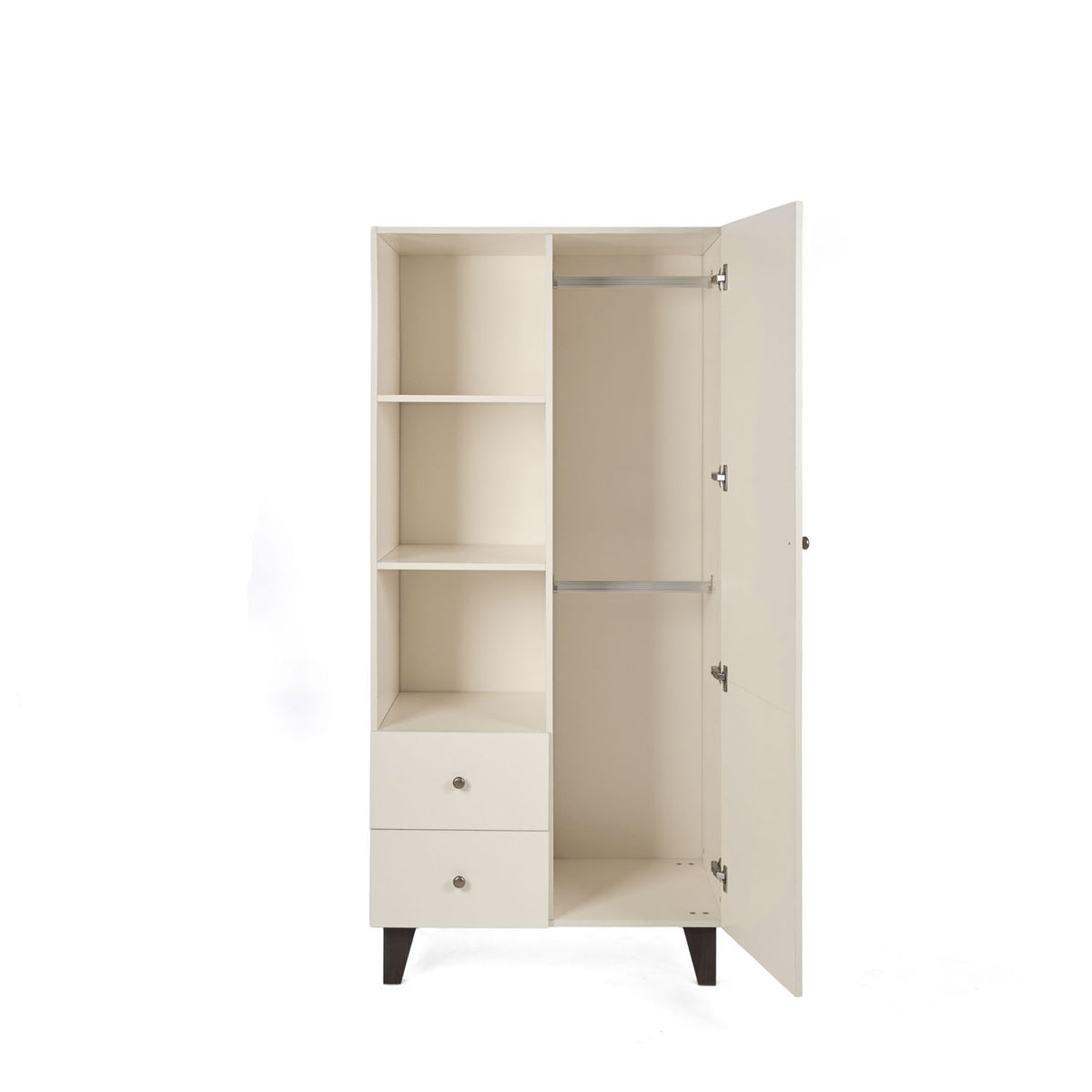 A tall cream-colored nursery wardrobe with a high-shelf design, two drawers underneath, and a single open door showcasing two hanging rails inside. It stands on short, angled dark legs against a plain white background.