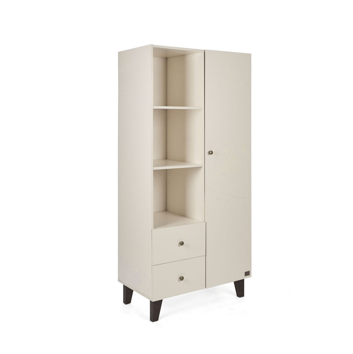 A tall, cream-colored nursery wardrobe with two drawers, three open shelves on top, a closed door on the left, and dark tapered legs, shown on a white background.