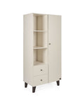 A tall, cream-colored nursery wardrobe with two drawers, three open shelves on top, a closed door on the left, and dark tapered legs, shown on a white background.