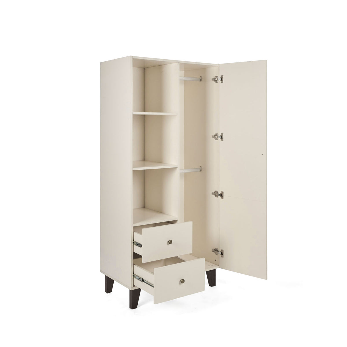 A tall, cream-colored nursery wardrobe with two open drawers, three shelves on top, an open door on the left revealing two hanging rails, and dark tapered legs, shown on a white background.
