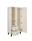 A tall, cream-colored nursery wardrobe with two open drawers, three shelves on top, an open door on the left revealing two hanging rails, and dark tapered legs, shown on a white background.