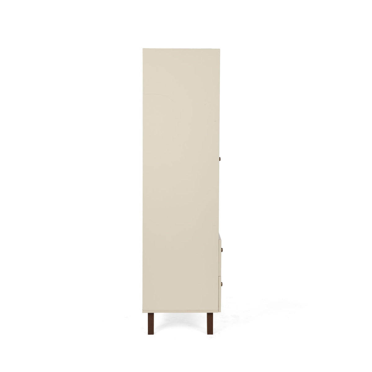 A side view of a modern nursery wardrobe in a cream finish, supported by dark brown tapered legs, shown against a plain white background.